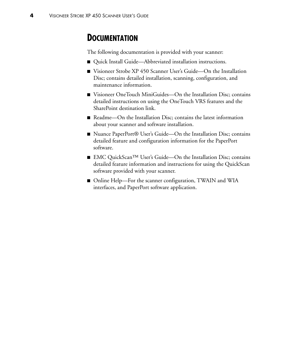 Documentation, Ocumentation | Visioneer STROBE 450 User Manual | Page 9 / 94