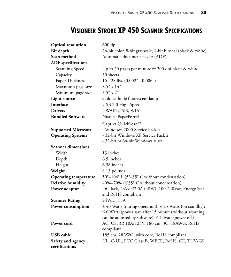 Visioneer strobe xp 450 scanner specifications, Xp 450 s, Isioneer | Trobe, Canner, Pecifications | Visioneer STROBE 450 User Manual | Page 90 / 94
