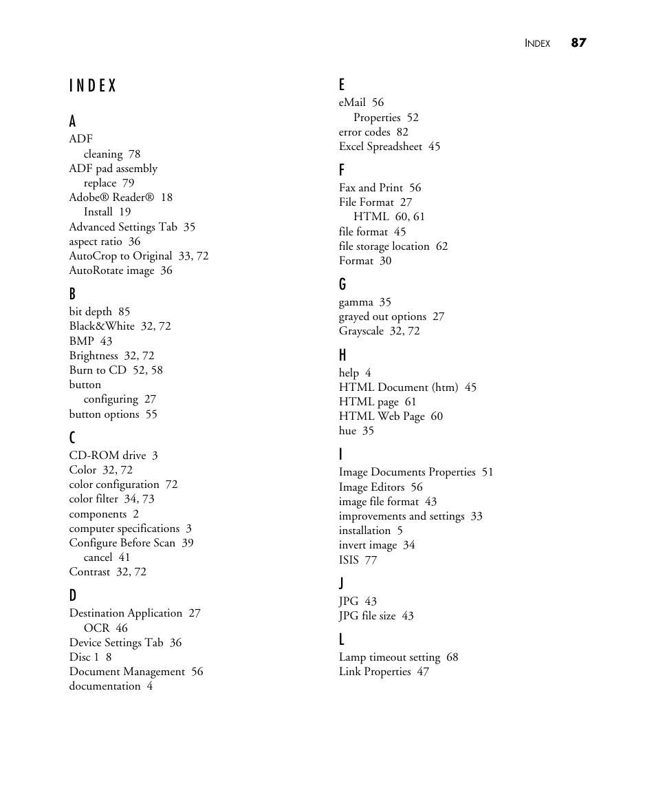 Index | Visioneer STROBE 450 User Manual | Page 92 / 94
