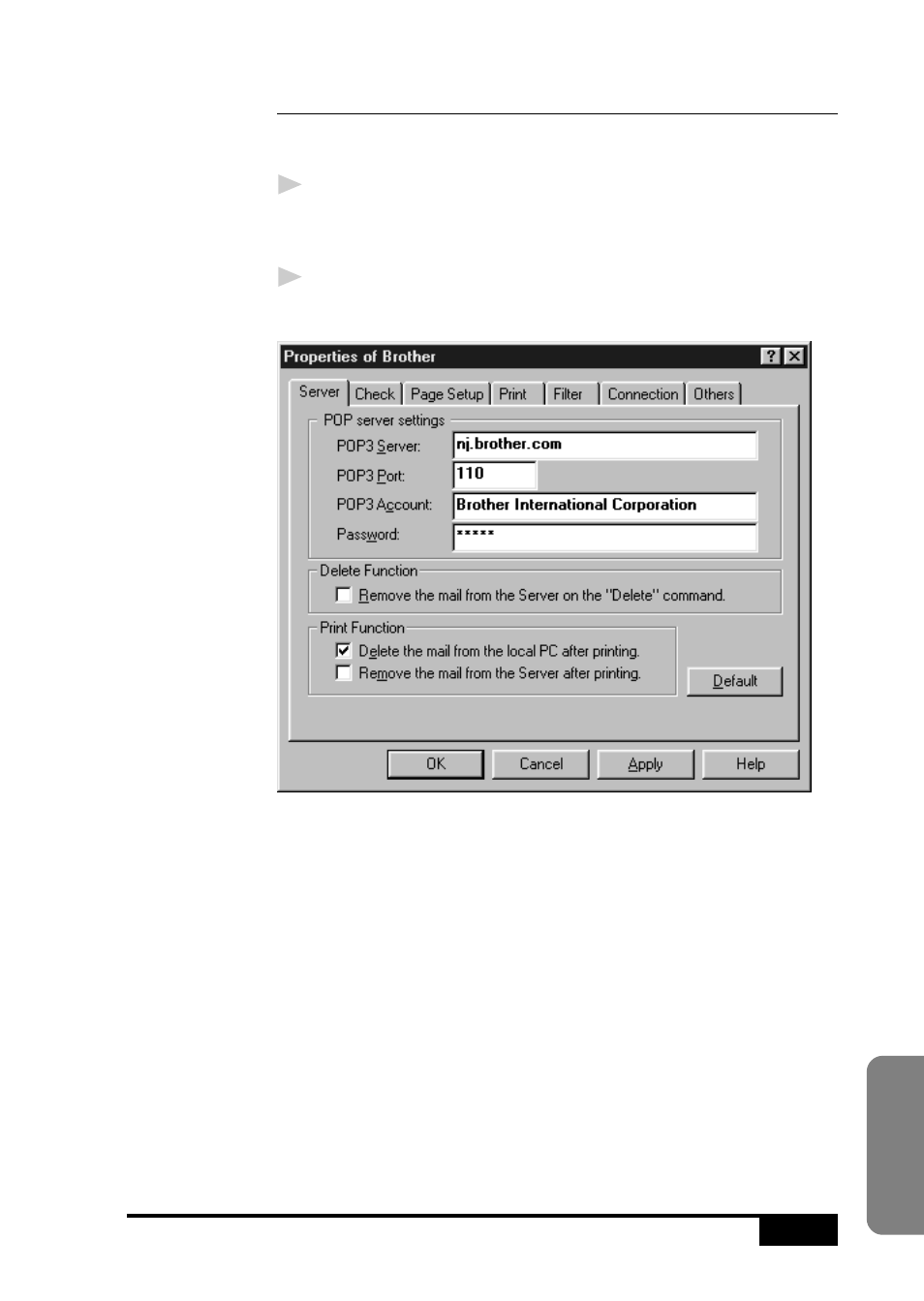 Setting up automatic e-mail printing, Setting up the server | Visioneer MFC7050C User Manual | Page 201 / 264