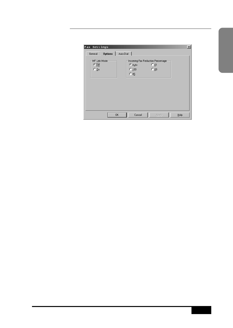 Options tab, Mf link mode, Incoming fax reduction percentage | Visioneer MFC7050C User Manual | Page 211 / 264