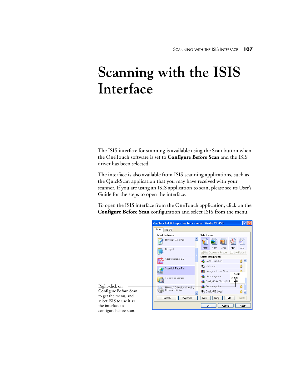 Scanning with the isis interface | Visioneer XP 450 User Manual | Page 112 / 132