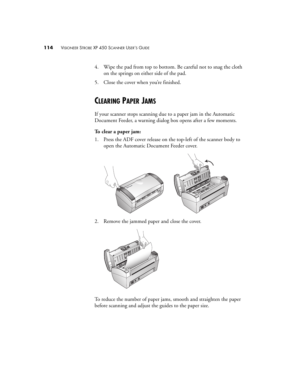 Clearing paper jams, Learing, Aper | Visioneer XP 450 User Manual | Page 119 / 132