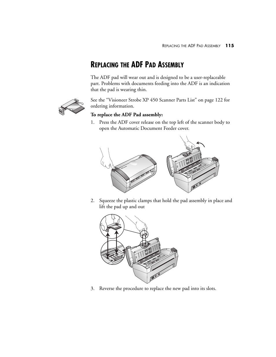 Replacing the adf pad assembly, Adf p, Eplacing | Ssembly | Visioneer XP 450 User Manual | Page 120 / 132