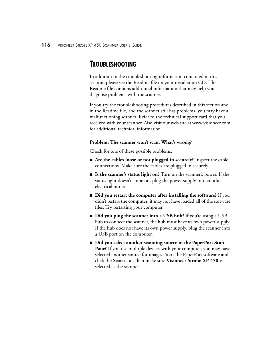 Troubleshooting, Roubleshooting | Visioneer XP 450 User Manual | Page 121 / 132