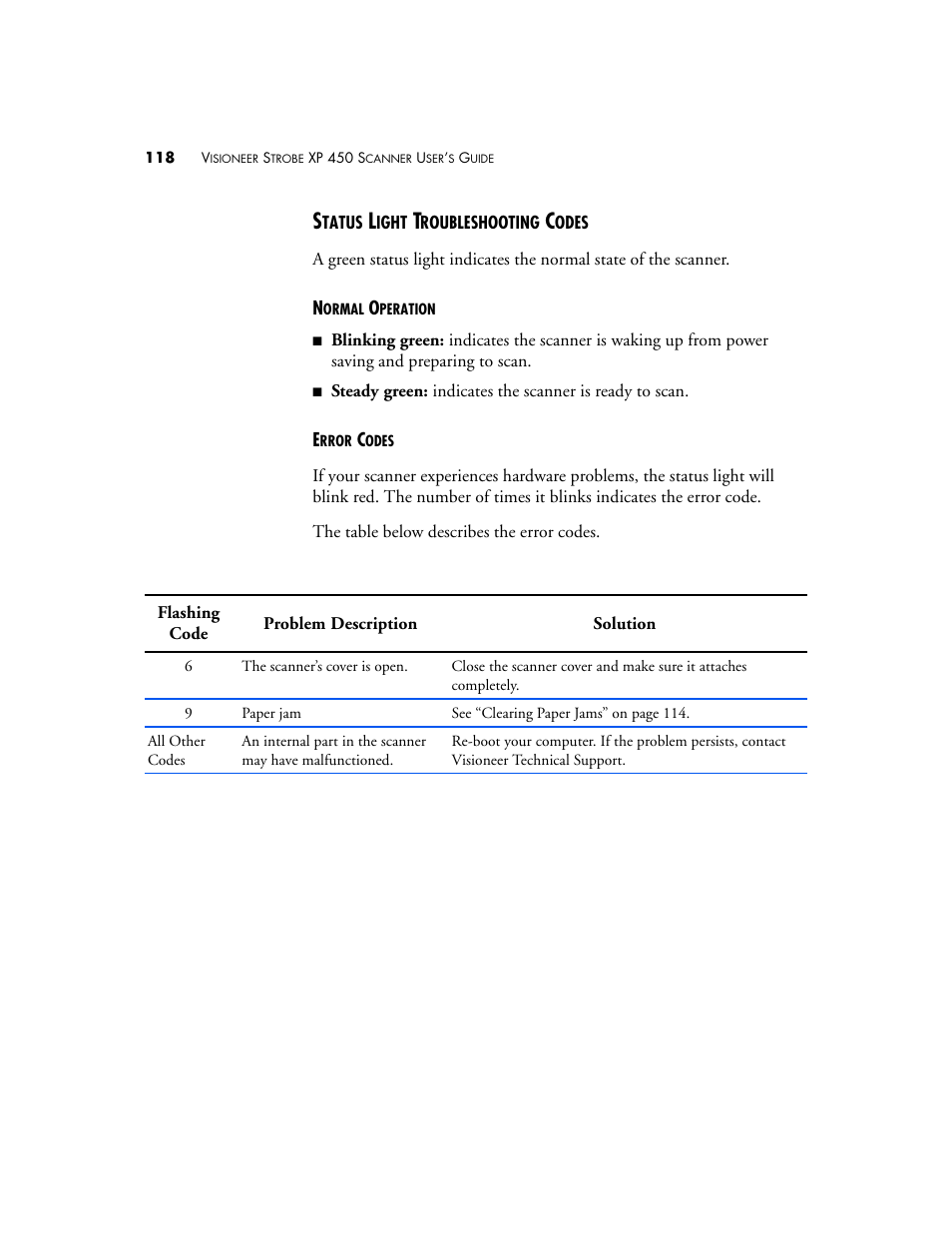 Status light troubleshooting codes | Visioneer XP 450 User Manual | Page 123 / 132