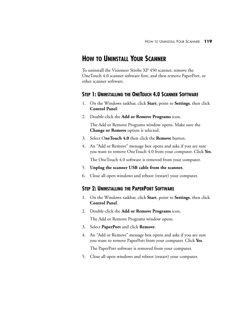How to uninstall your scanner, Step 2: uninstalling the paperport software, Ninstall | Canner | Visioneer XP 450 User Manual | Page 124 / 132
