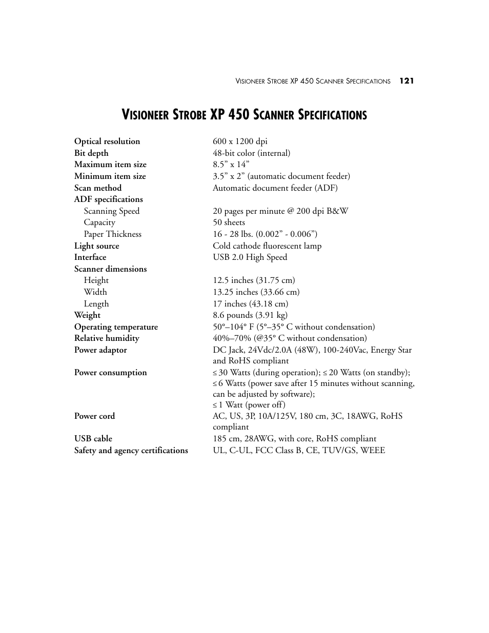 Visioneer strobe xp 450 scanner specifications, Xp 450 s, Isioneer | Trobe, Canner, Pecifications | Visioneer XP 450 User Manual | Page 126 / 132