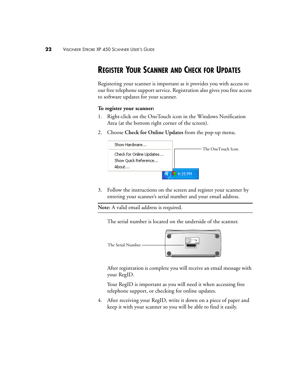 Register your scanner and check for updates, Egister, Canner | Heck, Pdates | Visioneer XP 450 User Manual | Page 27 / 132