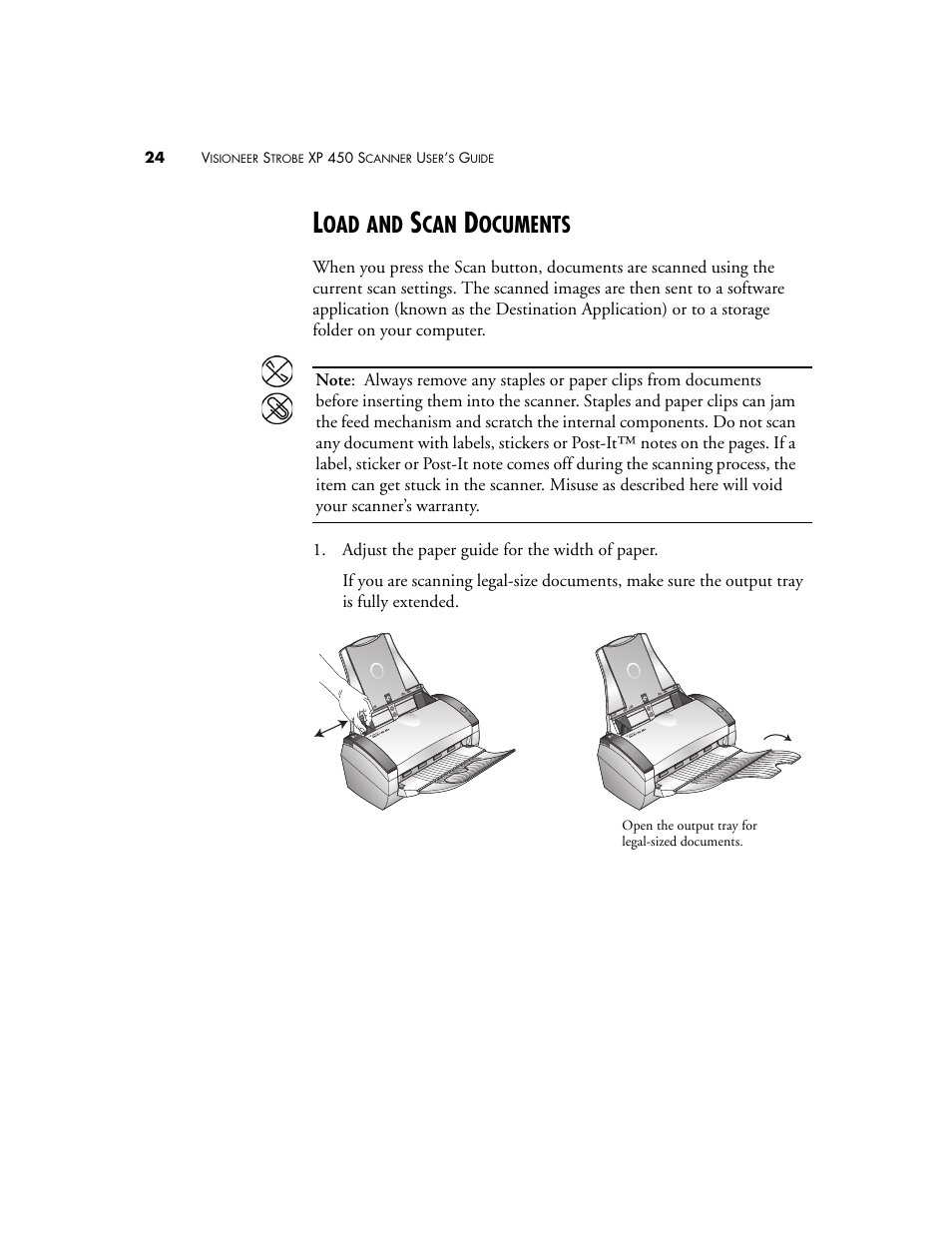 Load and scan documents, Ocuments | Visioneer XP 450 User Manual | Page 29 / 132