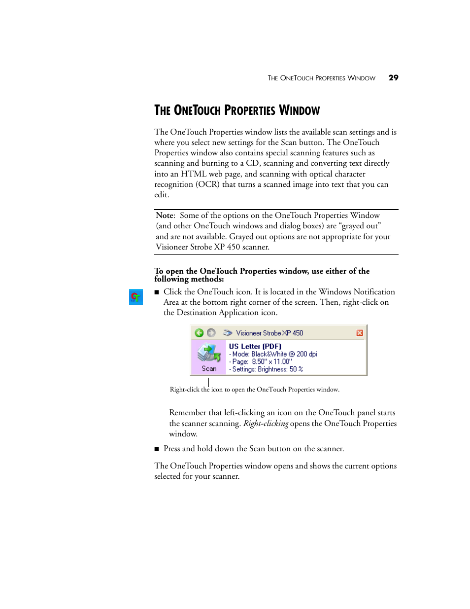 The onetouch properties window, Ouch, Roperties | Indow | Visioneer XP 450 User Manual | Page 34 / 132