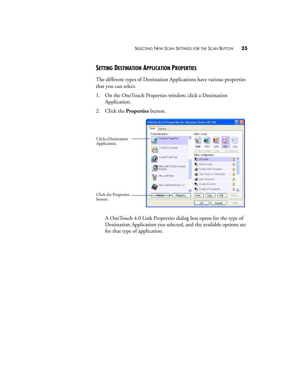 Setting destination application properties | Visioneer XP 450 User Manual | Page 40 / 132