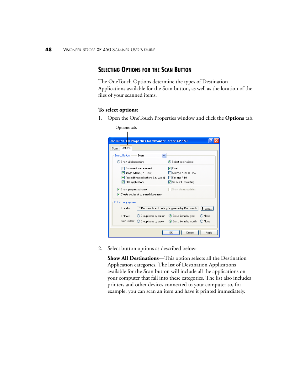 Selecting options for the scan button | Visioneer XP 450 User Manual | Page 53 / 132