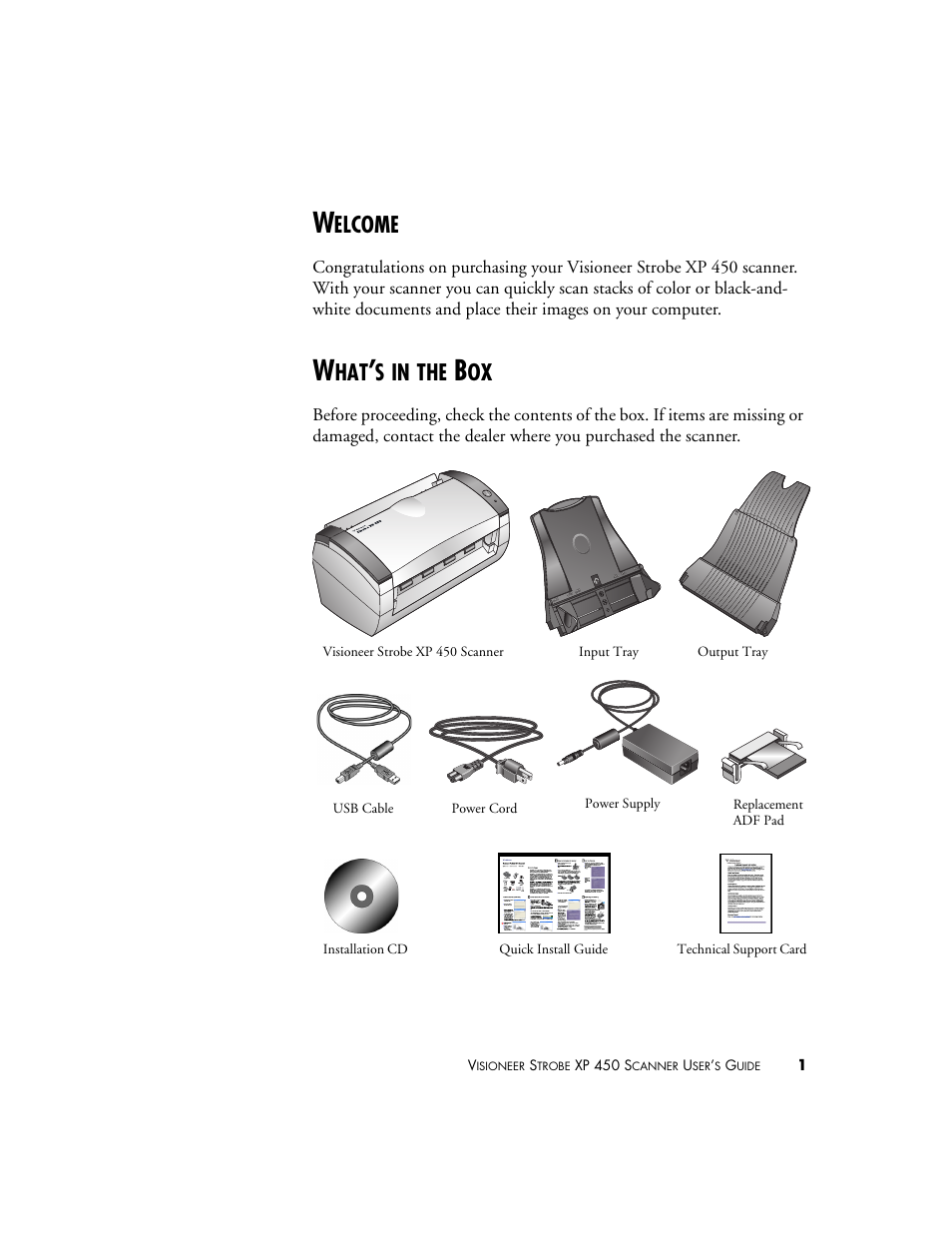Welcome, What’s in the box, Welcome what’s in the box | Elcome | Visioneer XP 450 User Manual | Page 6 / 132