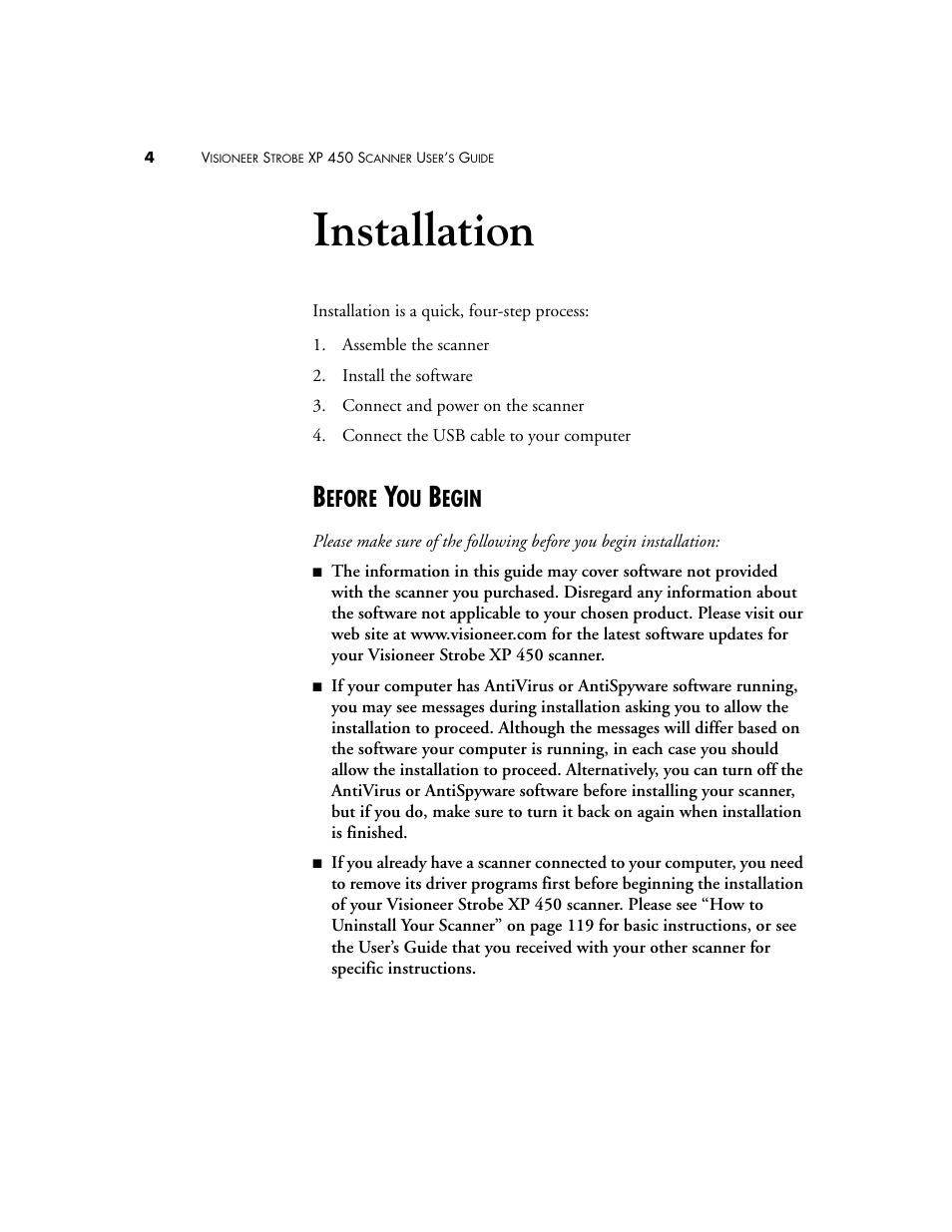 Installation, Before you begin, Efore | Egin | Visioneer XP 450 User Manual | Page 9 / 132