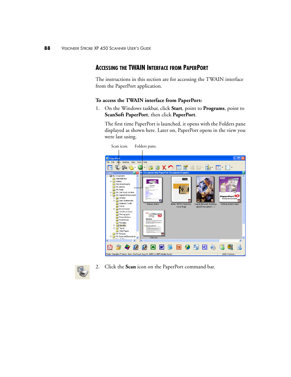 Accessing the twain interface from paperport, Twain i | Visioneer XP 450 User Manual | Page 93 / 132