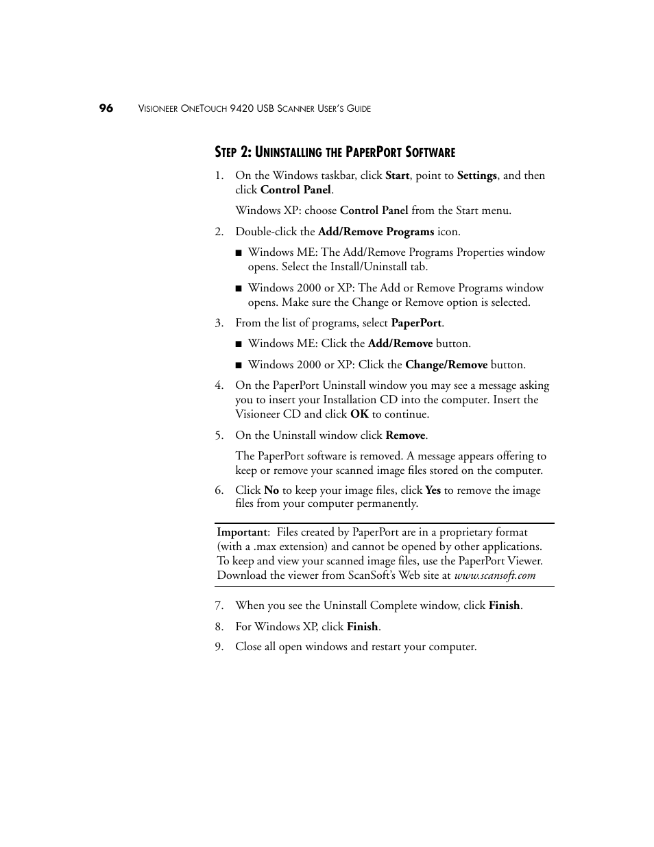 Step 2: uninstalling the paperport software | Visioneer 9420 User Manual | Page 100 / 106