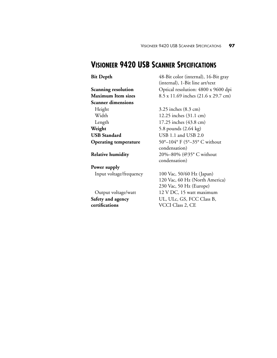 Visioneer 9420 usb scanner specifications, 9420 usb s, Isioneer | Canner, Pecifications | Visioneer 9420 User Manual | Page 101 / 106