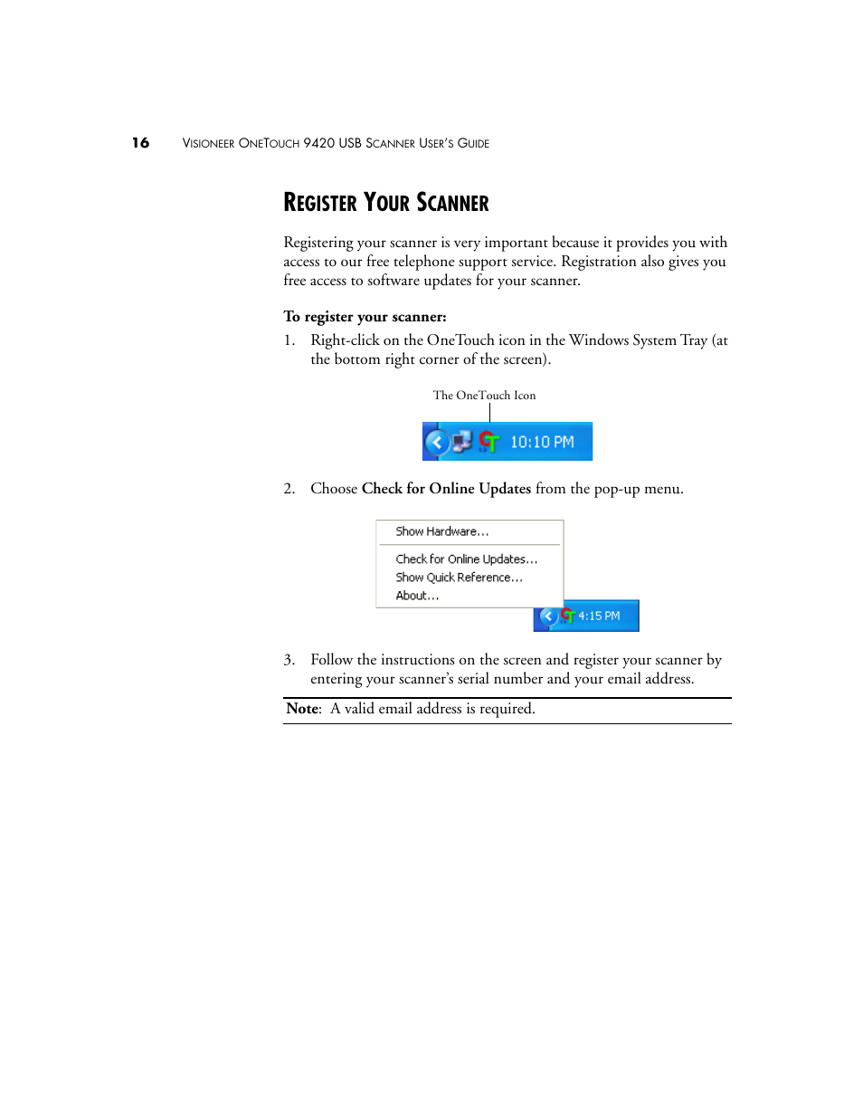 Register your scanner, Egister, Canner | Visioneer 9420 User Manual | Page 20 / 106