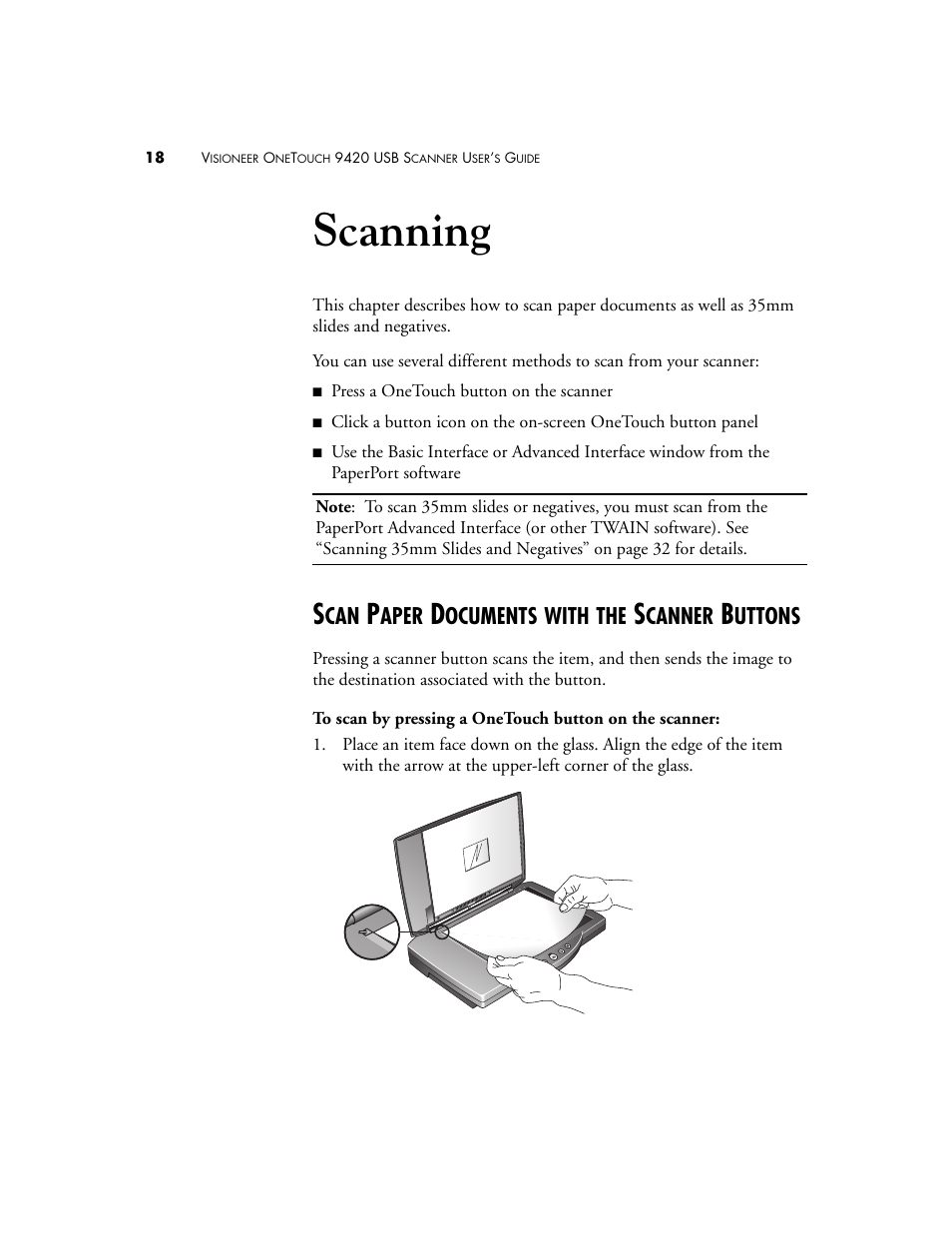 Scanning, Scan paper documents with the scanner buttons, Aper | Ocuments, With, Canner, Uttons | Visioneer 9420 User Manual | Page 22 / 106