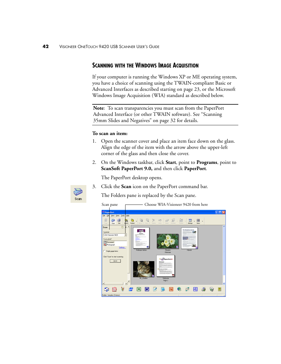 Scanning with the windows image acquisition | Visioneer 9420 User Manual | Page 46 / 106