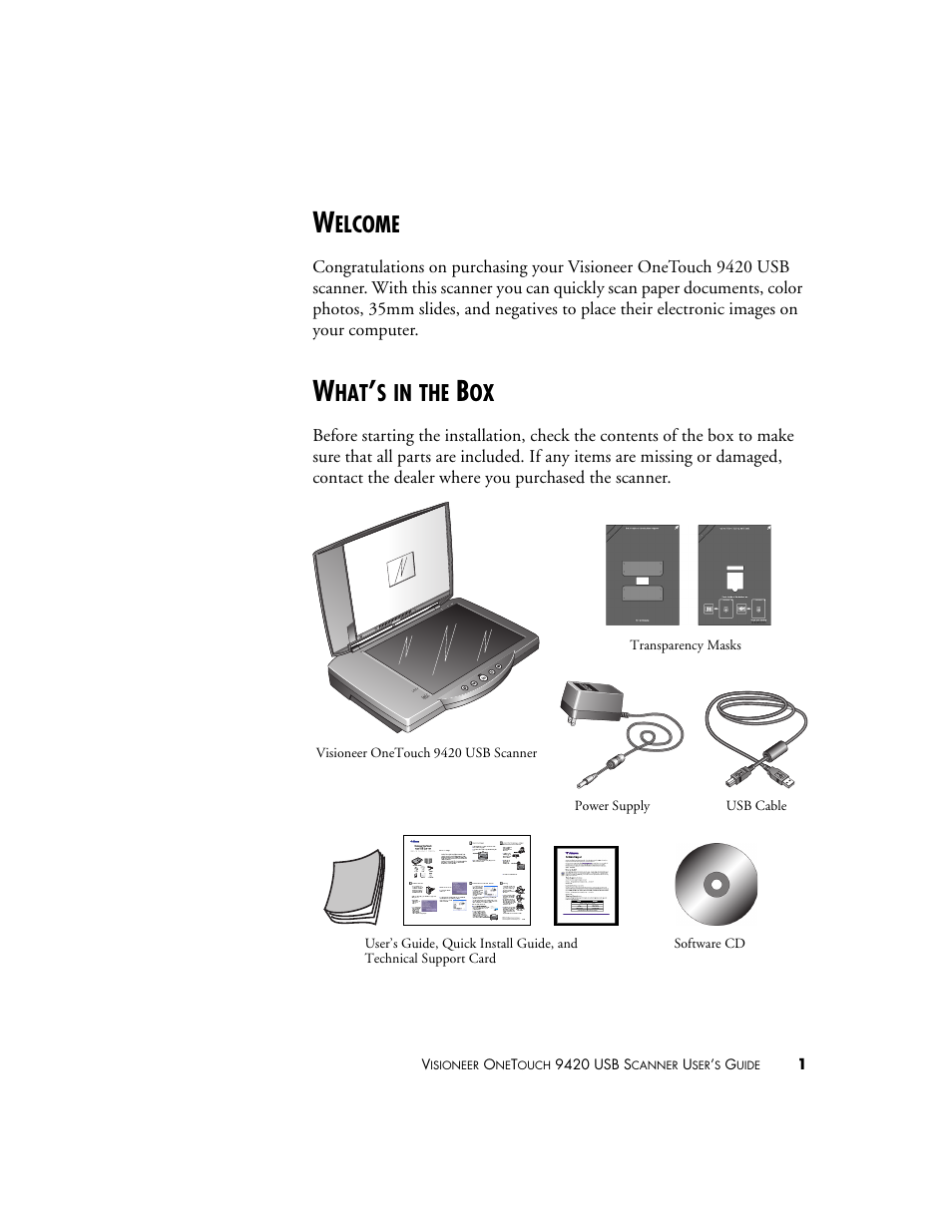 Welcome, What’s in the box, Welcome what’s in the box | Elcome | Visioneer 9420 User Manual | Page 5 / 106