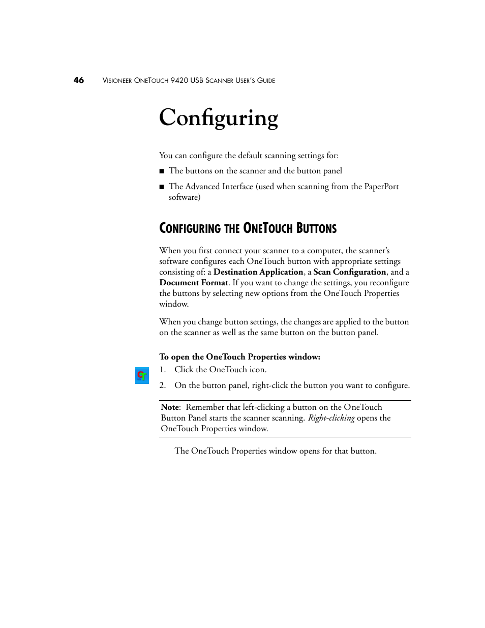 Configuring, Configuring the onetouch buttons, Onfiguring | Ouch, Uttons | Visioneer 9420 User Manual | Page 50 / 106