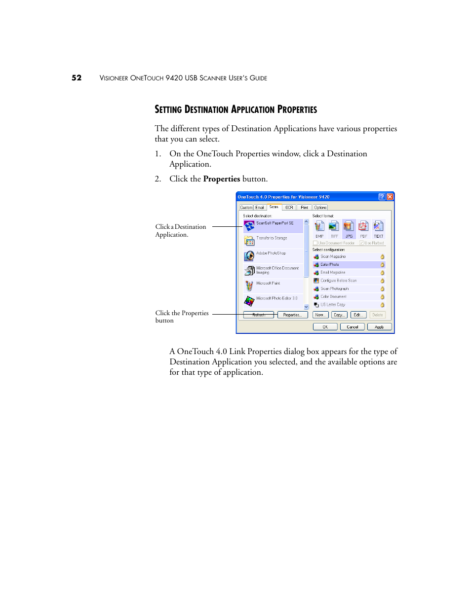 Setting destination application properties | Visioneer 9420 User Manual | Page 56 / 106