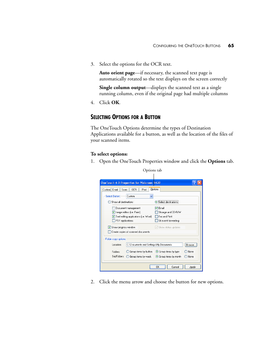 Selecting options for a button | Visioneer 9420 User Manual | Page 69 / 106