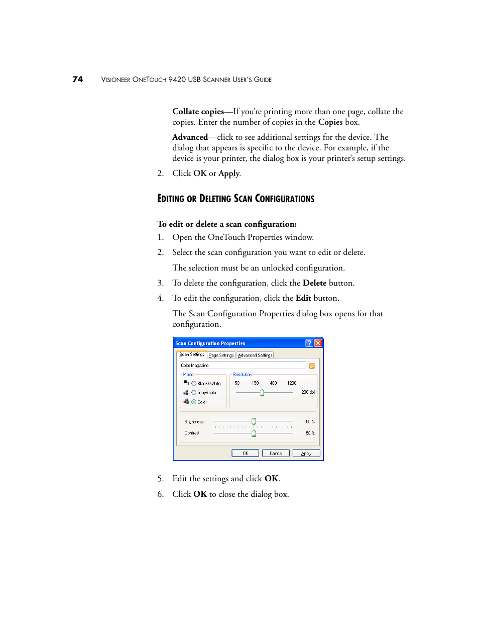Editing or deleting scan configurations | Visioneer 9420 User Manual | Page 78 / 106