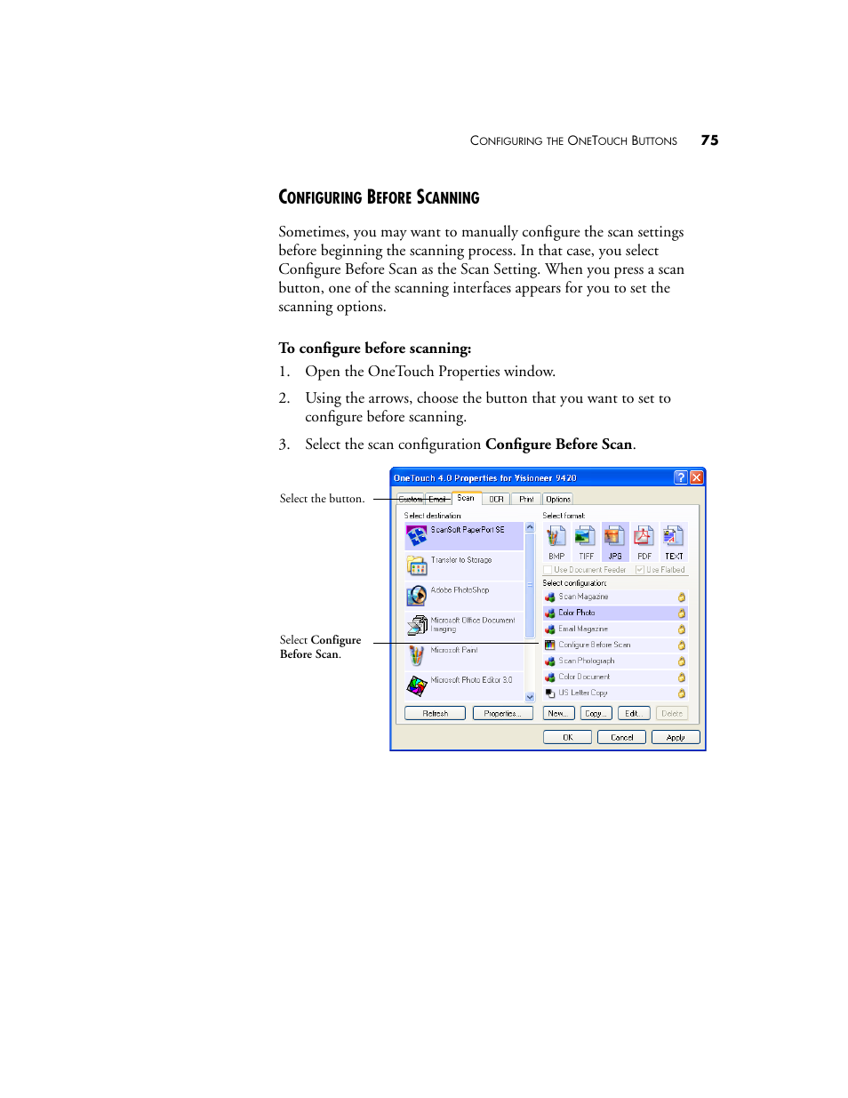 Configuring before scanning | Visioneer 9420 User Manual | Page 79 / 106