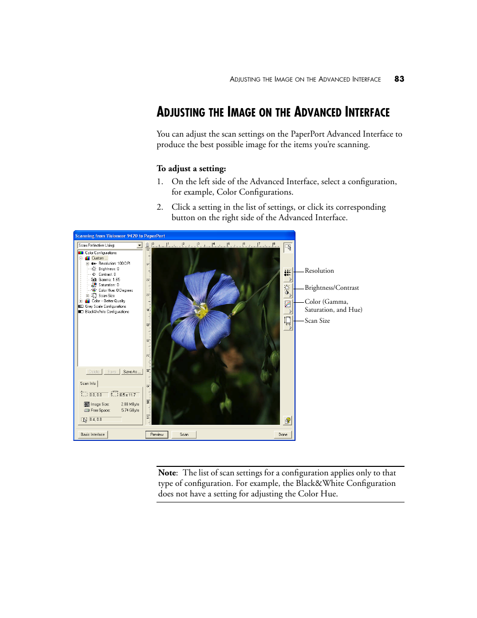 Adjusting the image on the advanced interface, Djusting, Mage | Dvanced, Nterface | Visioneer 9420 User Manual | Page 87 / 106