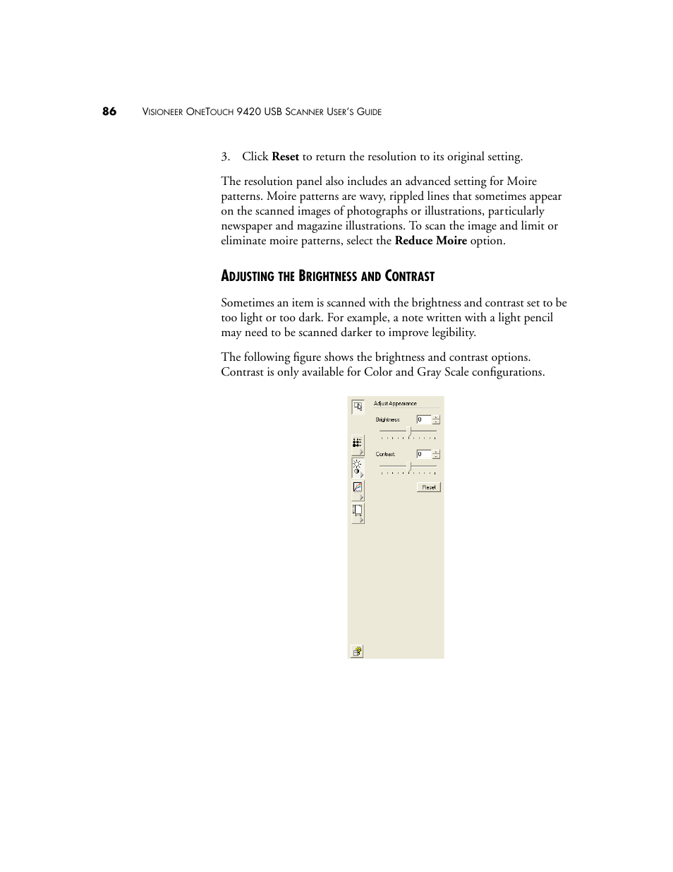 Adjusting the brightness and contrast | Visioneer 9420 User Manual | Page 90 / 106