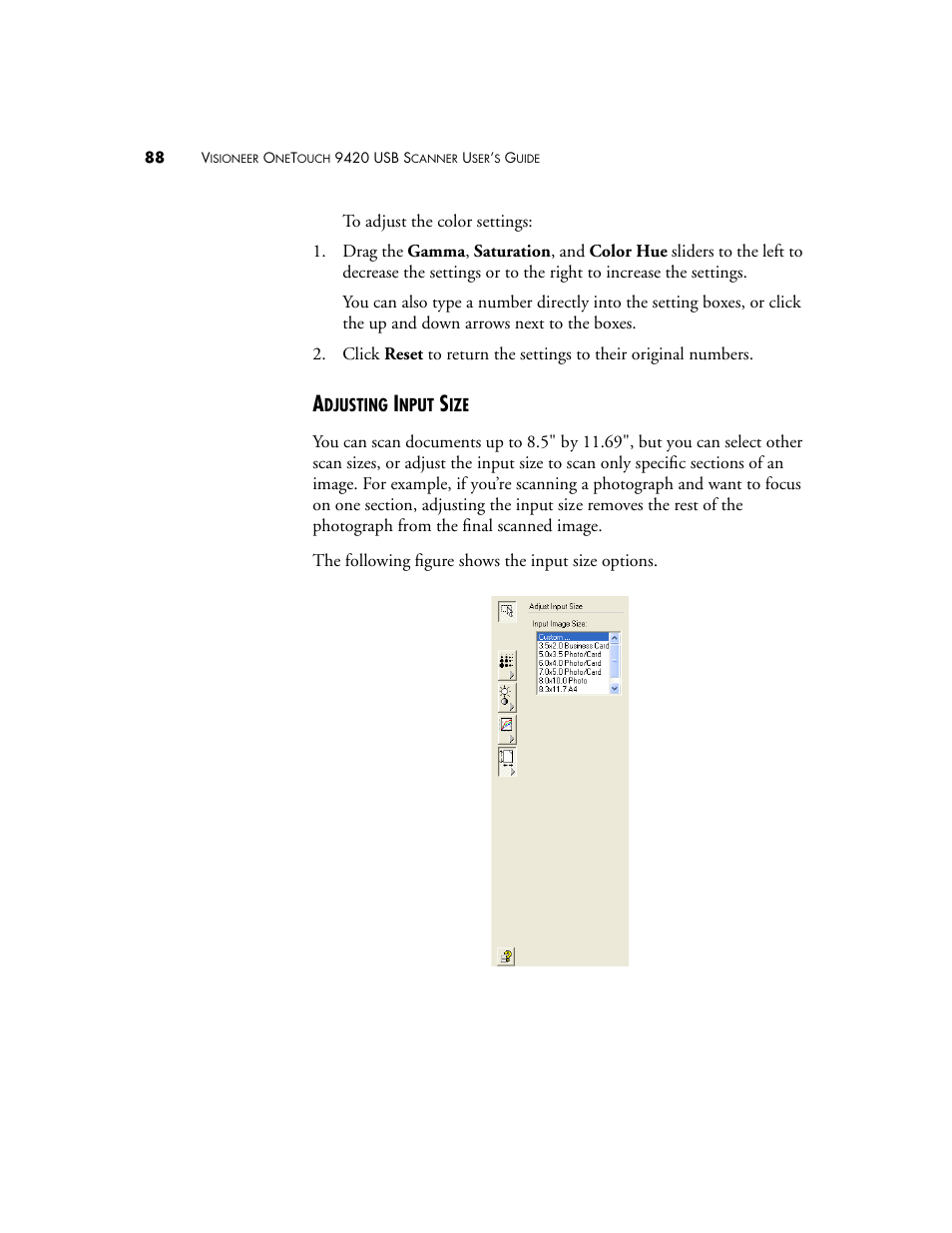 Adjusting input size | Visioneer 9420 User Manual | Page 92 / 106