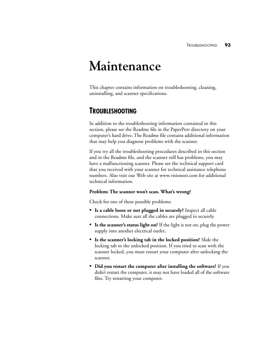 Maintenance, Troubleshooting | Visioneer 9420 User Manual | Page 97 / 106