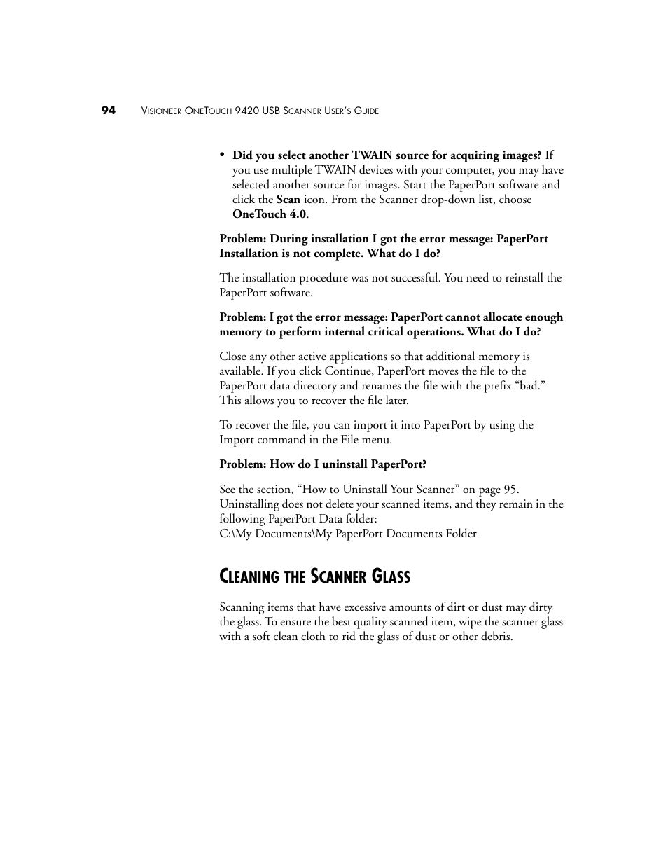 Cleaning the scanner glass, Leaning, Canner | Lass | Visioneer 9420 User Manual | Page 98 / 106