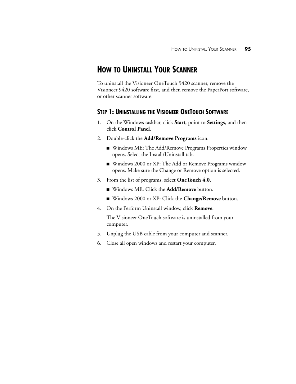 How to uninstall your scanner, Ninstall, Canner | Visioneer 9420 User Manual | Page 99 / 106