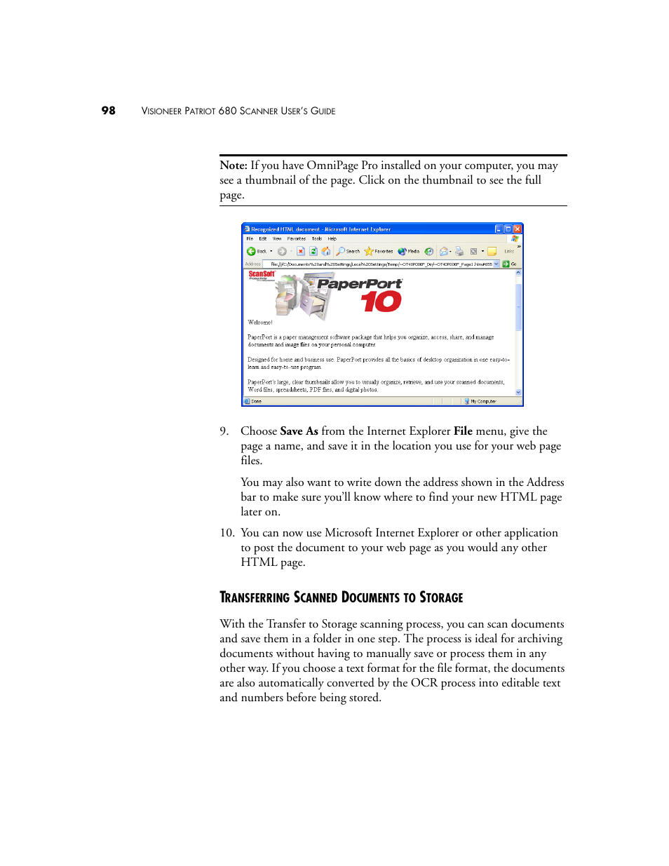 Transferring scanned documents to storage | Visioneer Patriot 680 User Manual | Page 105 / 158