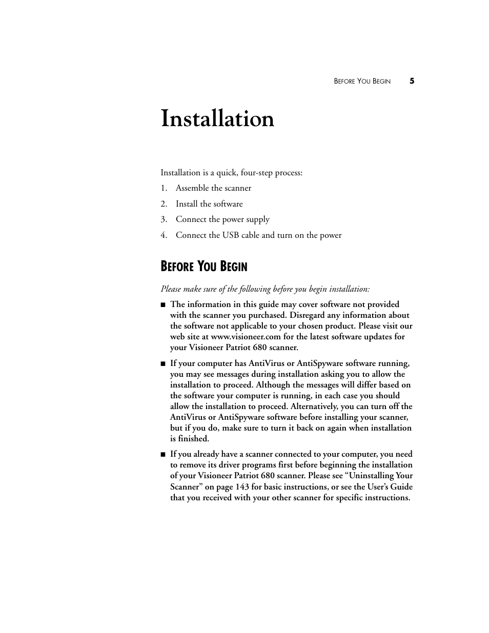Installation, Before you begin, Efore | Egin | Visioneer Patriot 680 User Manual | Page 12 / 158