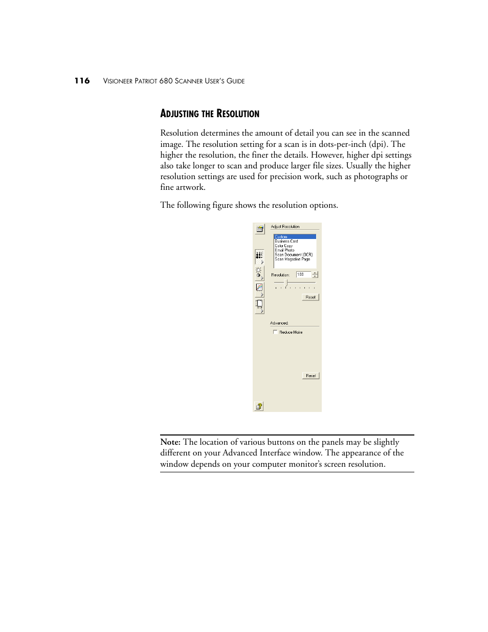 Adjusting the resolution | Visioneer Patriot 680 User Manual | Page 123 / 158
