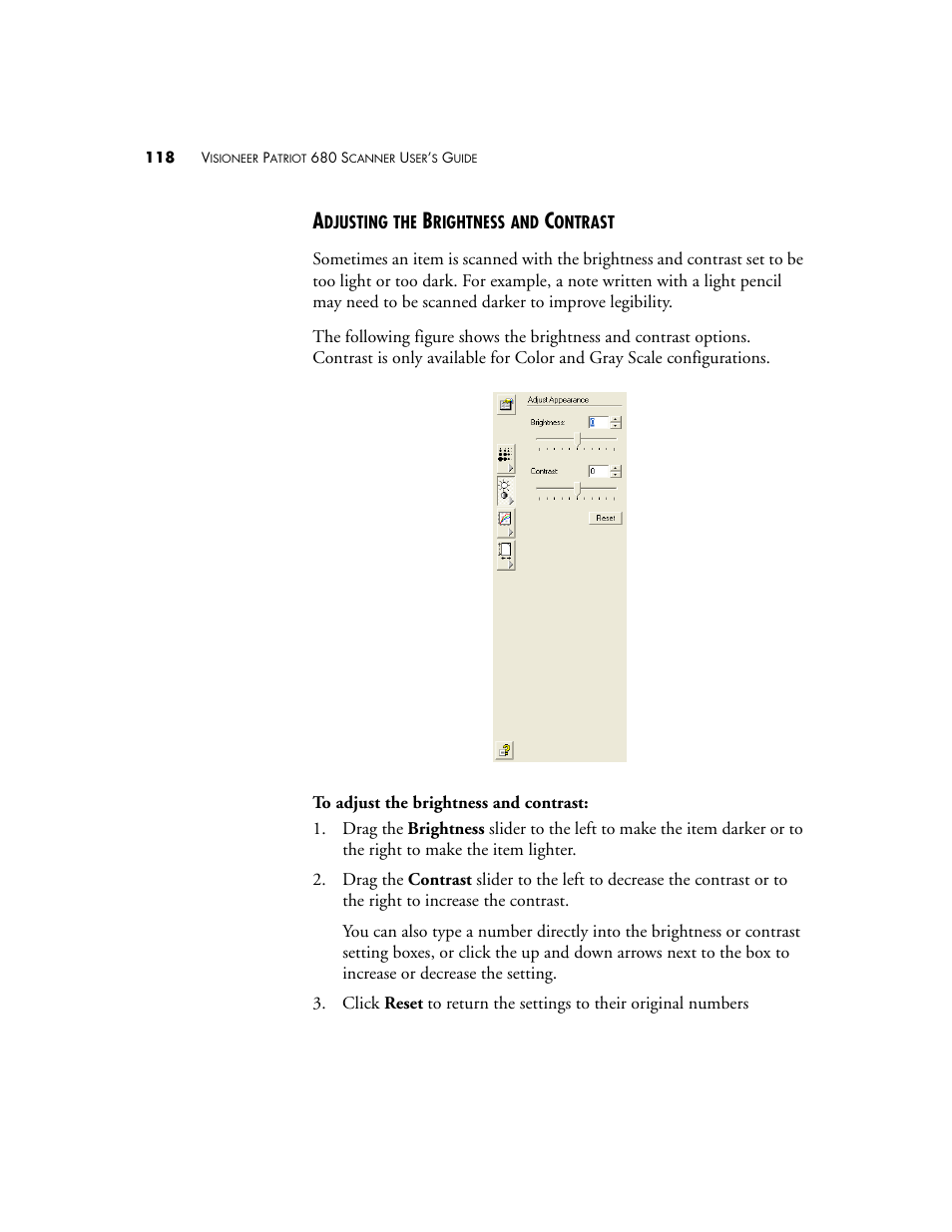 Adjusting the brightness and contrast | Visioneer Patriot 680 User Manual | Page 125 / 158