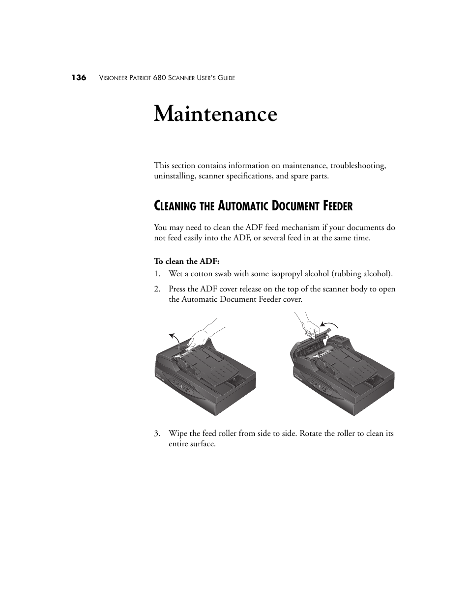 Maintenance, Cleaning the automatic document feeder | Visioneer Patriot 680 User Manual | Page 143 / 158