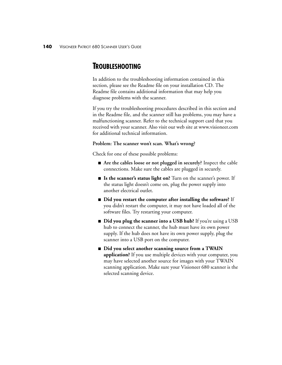 Troubleshooting, Roubleshooting | Visioneer Patriot 680 User Manual | Page 147 / 158