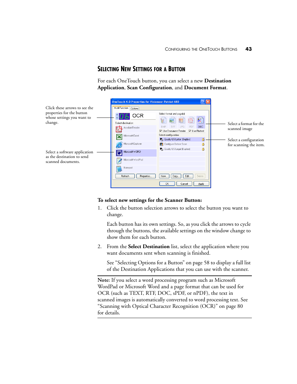 Selecting new settings for a button | Visioneer Patriot 680 User Manual | Page 50 / 158
