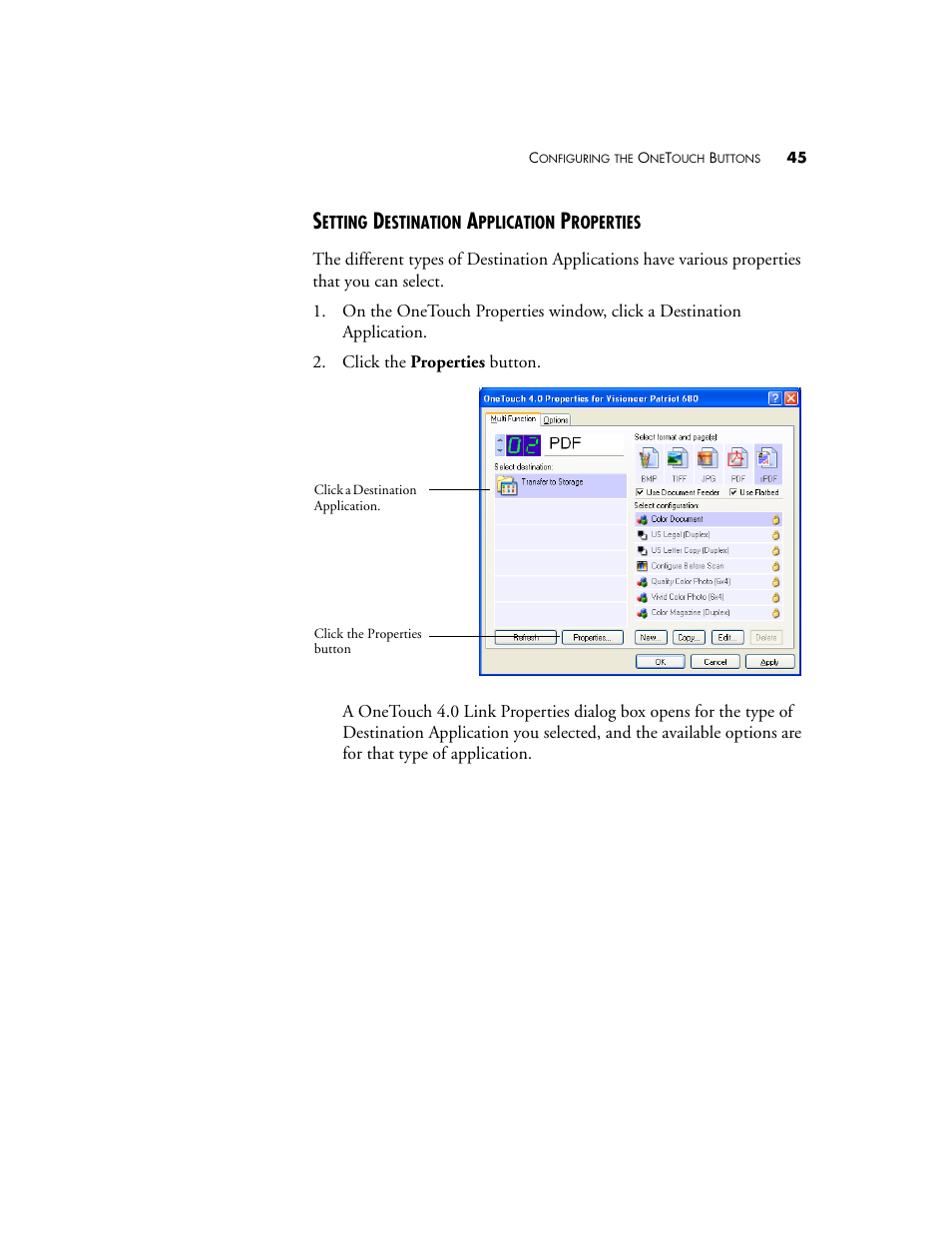 Setting destination application properties | Visioneer Patriot 680 User Manual | Page 52 / 158