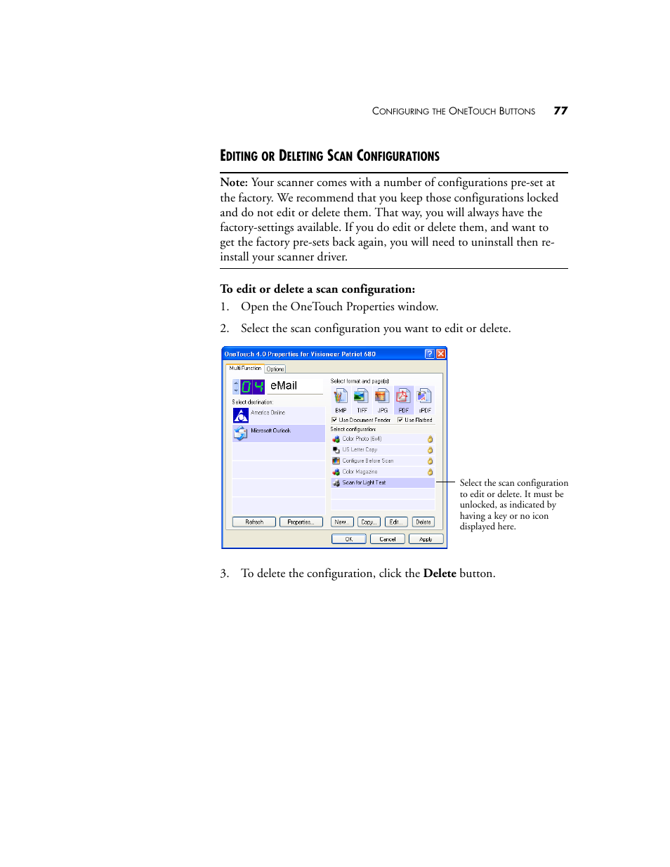 Editing or deleting scan configurations | Visioneer Patriot 680 User Manual | Page 84 / 158