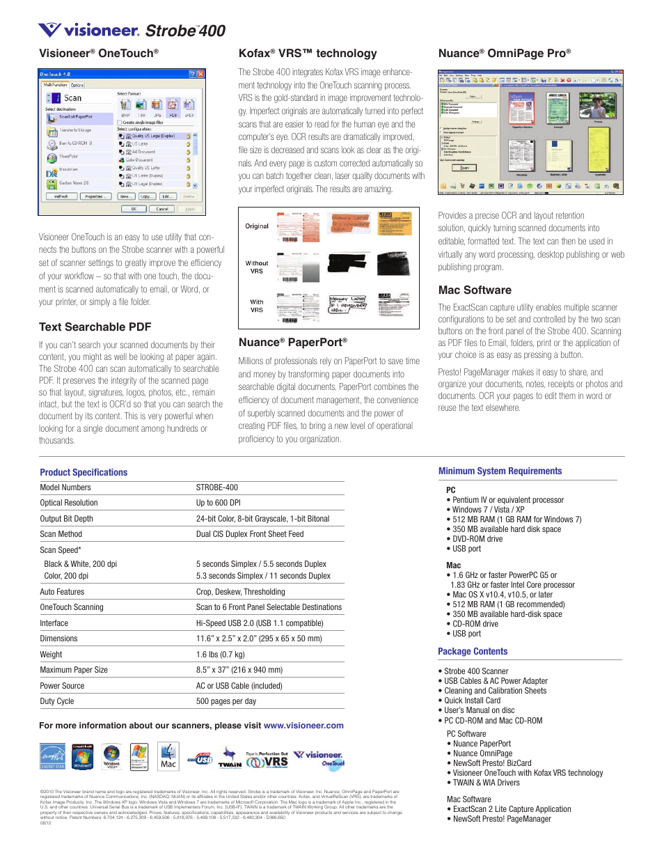 Strobe, Visioneer, Onetouch | Text searchable pdf, Kofax, Vrs™ technology, Nuance, Paperport, Omnipage pro, Mac software | Visioneer 400 User Manual | Page 2 / 2