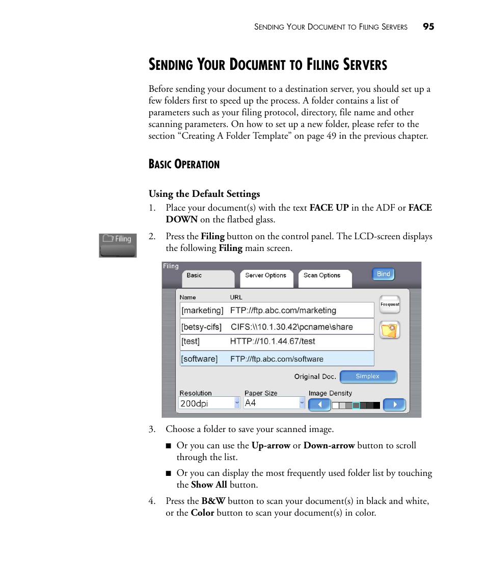 Sending your document to filing servers, Basic operation, Ending | Ocument, Iling, Ervers | Visioneer NETSCAN 4000 User Manual | Page 102 / 186