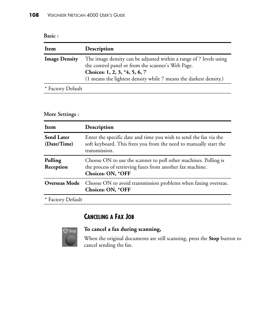 Canceling a fax job | Visioneer NETSCAN 4000 User Manual | Page 115 / 186
