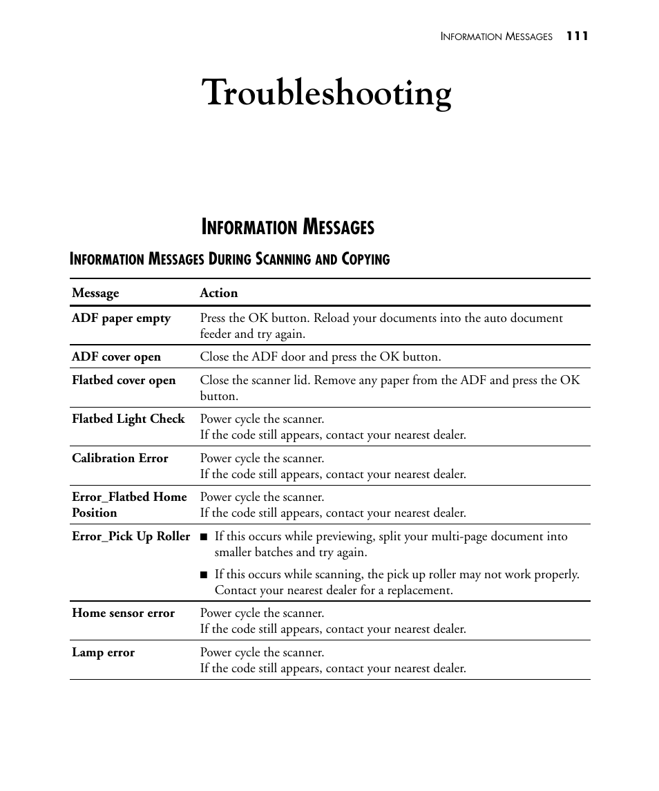 Troubleshooting, Information messages, Information messages during scanning and copying | Nformation, Essages | Visioneer NETSCAN 4000 User Manual | Page 118 / 186